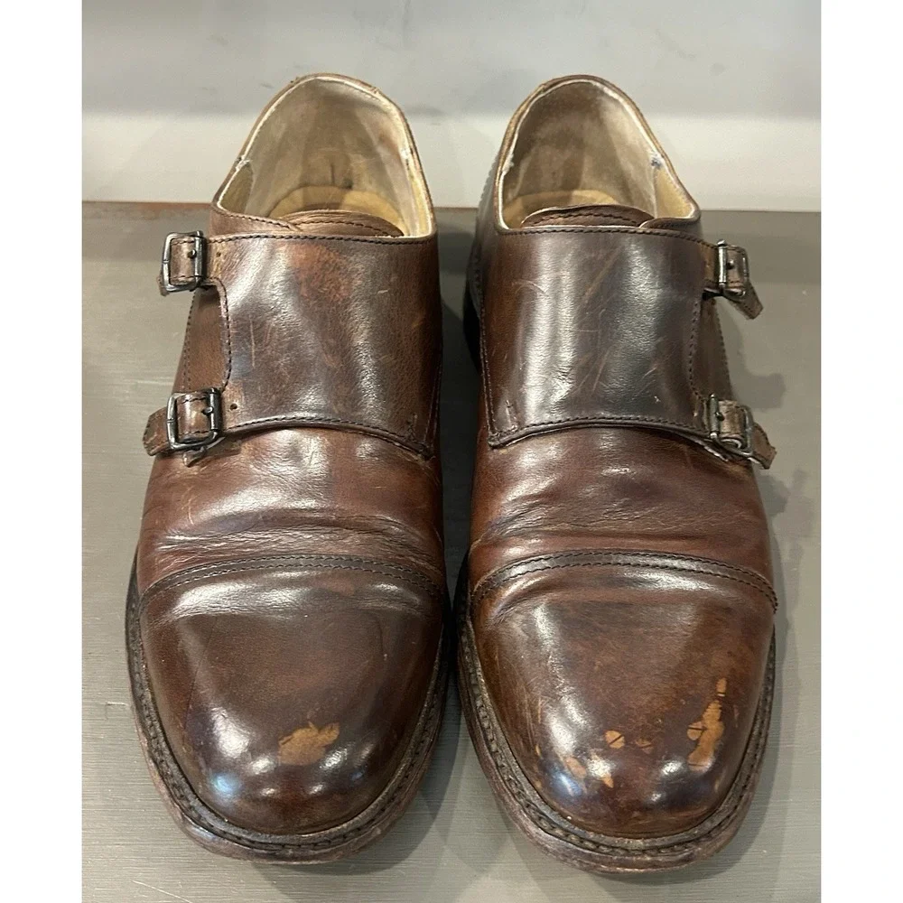 Frye Double Monk Strap Dress Shoes Mens Size 9D‎ Brown Leather Cap Toe Oxford